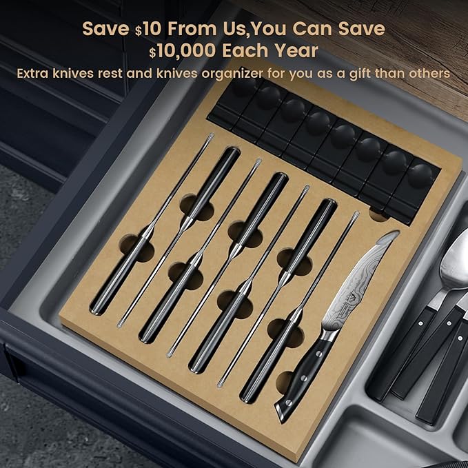 Steak Knives Set of 8, 4.8 Inch Straight Edge Ultra Sharp Durable Meat knives with Rest, High Carbon Stainless Steel Damascus Pattern Triple Rivet Handle, Ideal for Home Restaurant Party