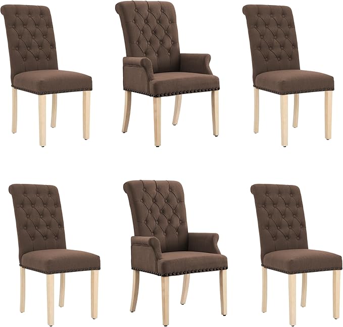 AODCHR Upholstered Fabric Accent Dining Chair Set of 6, Elegant Tufted Dining Room Chairs, Kitchen Room 2 Arm with 4 Armless, Brown