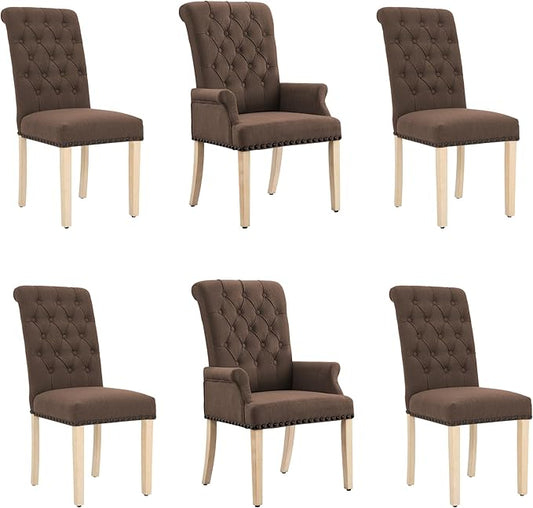 AODCHR Upholstered Fabric Accent Dining Chair Set of 6, Elegant Tufted Dining Room Chairs, Kitchen Room 2 Arm with 4 Armless, Brown