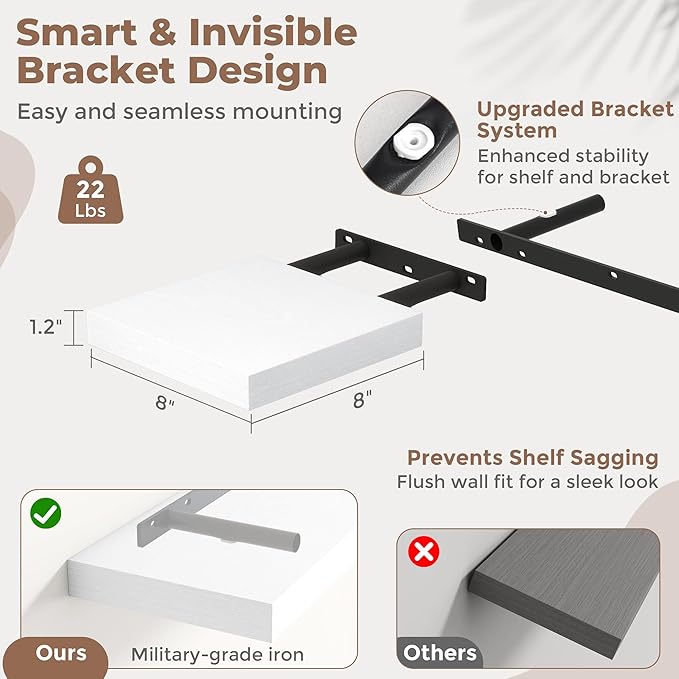 Floating Shelves for Wall with Invisible Brackets, Wall Mounted Engineered Wood Shelves with Wood Grain for Living Room, Bedroom, Bathroom, Kitchen Decor and Storage, Oak, 8"L Set of 3, White