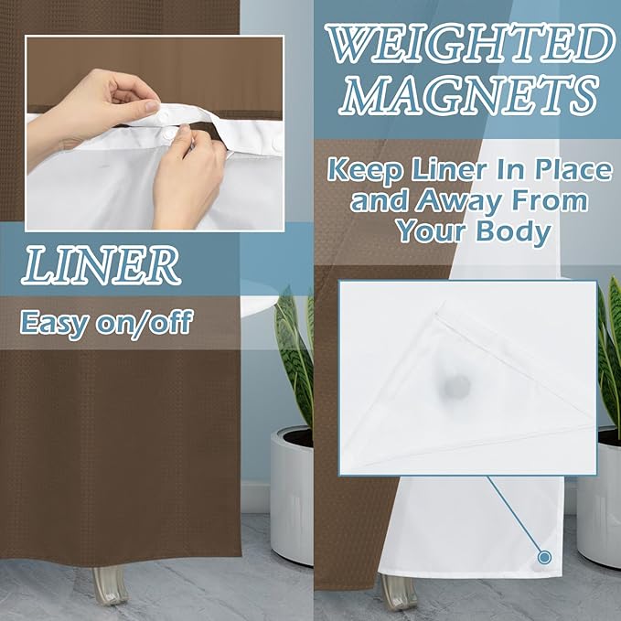 Brown Stall No Hook Shower Curtain with Snap in Liner,230GSM Waffle Weave Shower Curtains for Bathroom,54W x 80H