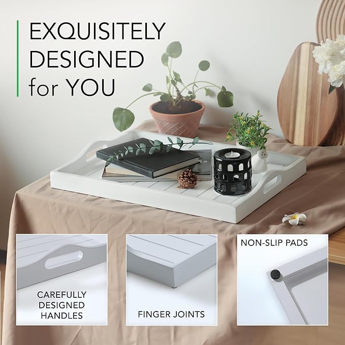 Large Wooden Serving Tray with Handles 20 x 14 inch Decorative Coffee Table Ottoman Tray for Living Room Extra Large for Kitchen Dinner Food Bar Breakfast in Bed (Color White)