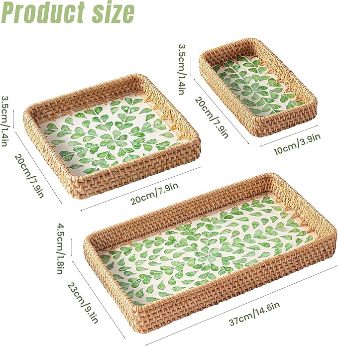 Set of 3 Rectangle Rattan Serving Trays with Mother of Pearl Inlay – Hand-Woven Wicker Trays for Coffee Table, Bathroom, Kitchen Counter or Entryway, Boho Coastal Decor, Checkered Design