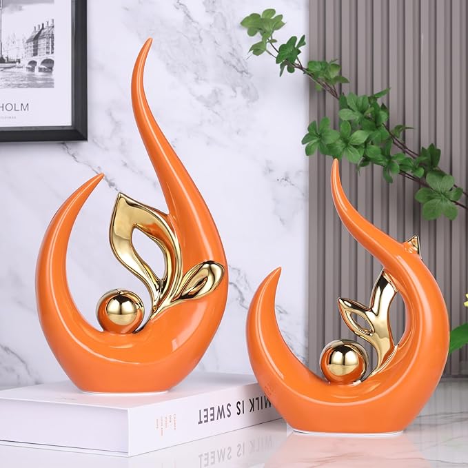 9.4" H Orange Gold Abstract Sculptures Home Decor, Ceramic Art Statue Cool Stuff to Put on Shelves&tv Stand Decor, Gold Accent Entertainment Center, for Fireplace Coffee Table Dining Table Decorate