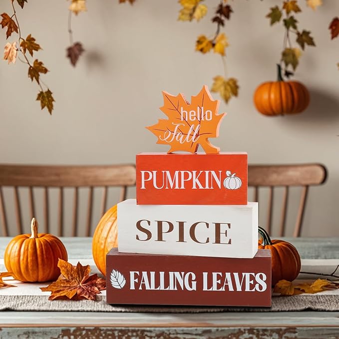 4 Pcs Fall Decor Wooden Table Centerpieces Fall Maple Leaf Block Sign Decorations for Home Wooden Tiered Tray Decor for Tabletop Decor Autumn Harvest Party Home Kitchen