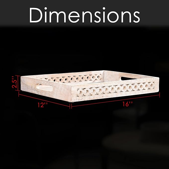 Mela Artisans Whitewash Wooden Decorative Tray with Handles | 16x12x2.5 Mango Wood Ottoman Tray | for Kitchen Countertop | Coffee Table | Snacks | Desserts | Breads | Bedroom Decor