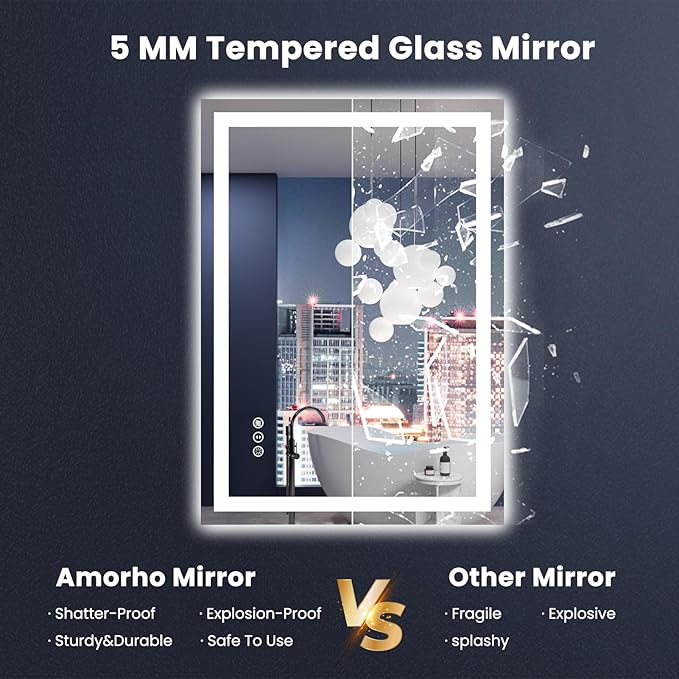 Amorho LED Mirror for Bathroom 28X36 Inch with Backlight and Front Light, Anti-Fog Mirror for Wall Mounted, Dimmable, 3 Colors, Memory