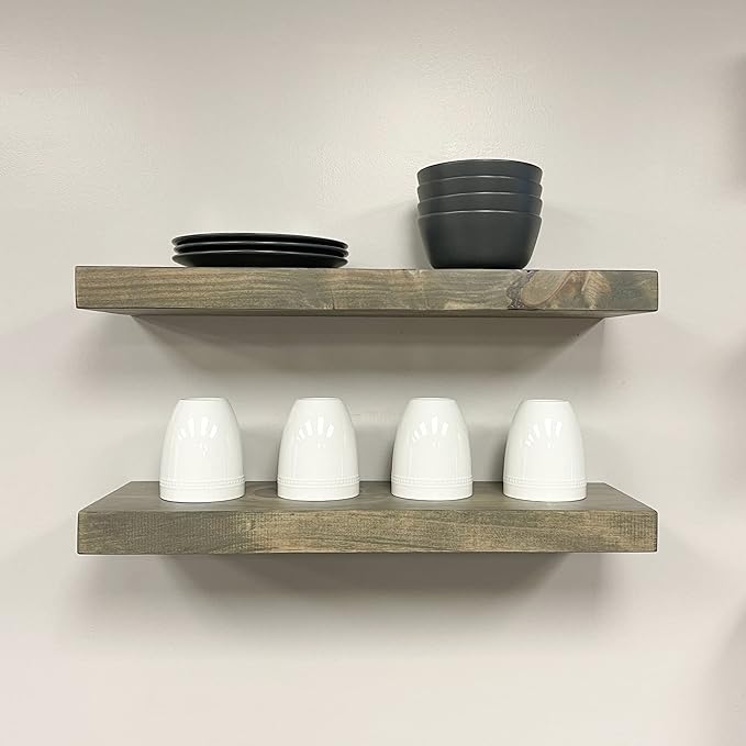 URBANDI, Rustic Floating Shelves, Set of 2, Hidden Bracket, Solid Wood, Heavy Duty, Wall Mounted Shelves, (Grey, 48Wx12D)