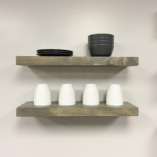 URBANDI, Rustic Floating Shelves, Set of 2, Hidden Bracket, Solid Wood, Heavy Duty, Wall Mounted Shelves, (Grey, 12Wx12D)