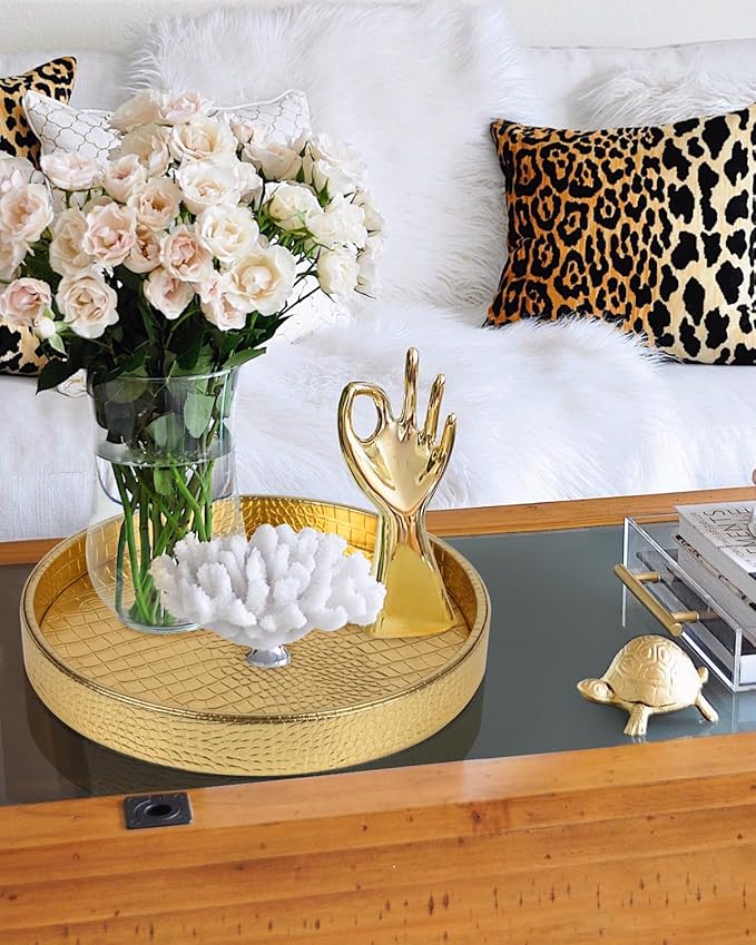HofferRuffer Faux Leather Round Serving Tray, Vegan Croco Leather Decorative Tray, Food Tray for Storage Drinks, Snack & Cosmetics, Dia.12'' x 1.6'' (Gold)