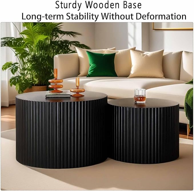 Modern Round Wooden Nesting Coffee Table Set of 2 Circle Tables with Non-Slip Feet, Accent Side End Table, Saving Space Design and No Need Assembly (ELARGE)