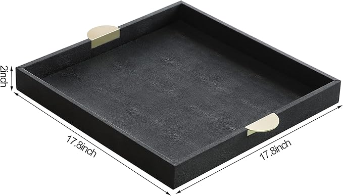HofferRuffer Faux Leather Decorative Serving Tray, Elegant Coffee Table Ottoman Tray, Breakfast, Drinks, Liquor Serving Platter, Black Shagreen Finish with Gold Hardware Handle (Square)