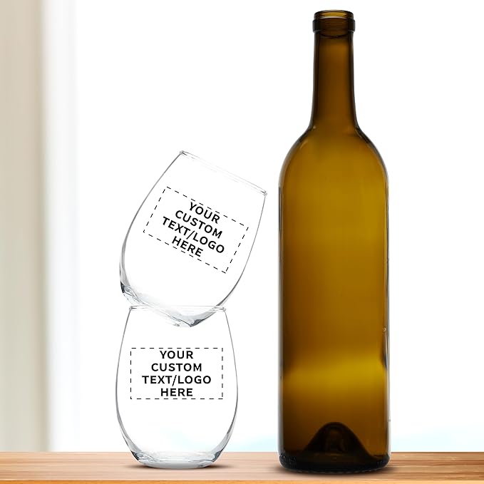 Custom Stemless Wine Glass 9 oz. Set of 50, Personalized Bulk Pack - Great for Wedding Favors, Bachelorette Party Decorations, Party Favors, Color Bottom - Clear