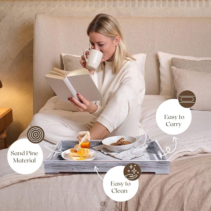 Flexzion Rustic Wooden Serving Tray with Handle - 3-Piece Set of Wooden Trays for Ottomans, Torched Whitewash Nesting Trays for Eating, Decoration, Coffee, Stackable Rectangular Breakfast Trays