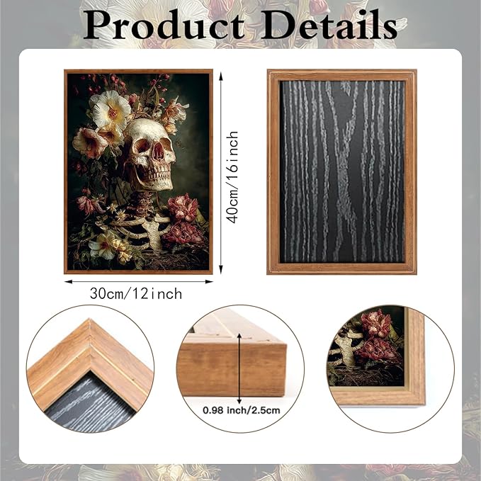 LHIUEM 12”x16”Halloween Gothic Skull Framed Painting Creepy Spooky Skeleton Flowers Decor Romantic Rose Wall Decor Dark Goth Skull Canvas Wall Art Vintage Halloween Skeleton Picture for Home Gallery