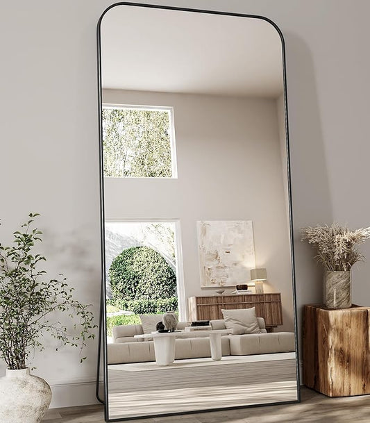 Koonmi Full Length Mirror, 78"x35" Mirror Full Length with Stand, Black Domed Top Square-Edged Floor Mirror with Aluminum Alloy Frame for Bedroom Living Room