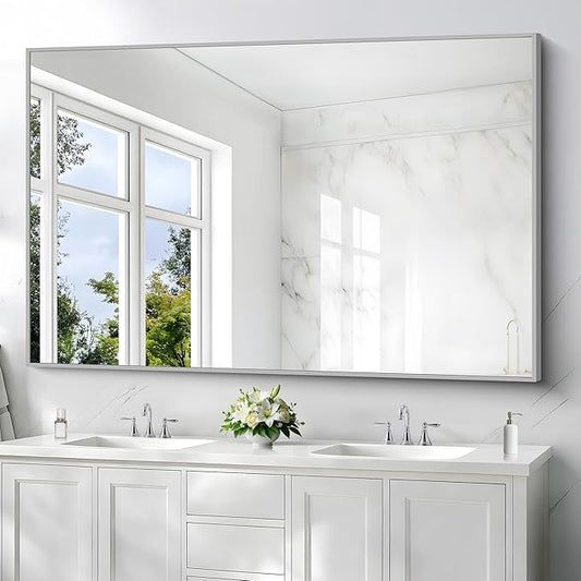 40x60inch Silver Bathroom Mirror, Silver Rectangle Mirror with Frame, Large Rectangular Wall Mirrors for Bathroom, Living Room, Hair Salon, Big Farmhouse Mirror Hang Horizontal/Vertical