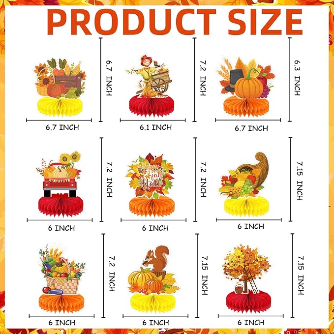 9Pcs Fall Centerpiece Table Decorations Fall Party Decorations Thanksgiving Table Centerpiece Turkey Centerpiece Pumpkin Honeycomb for Thanksgiving Table Decoration Autumn Birthday Party Supplies