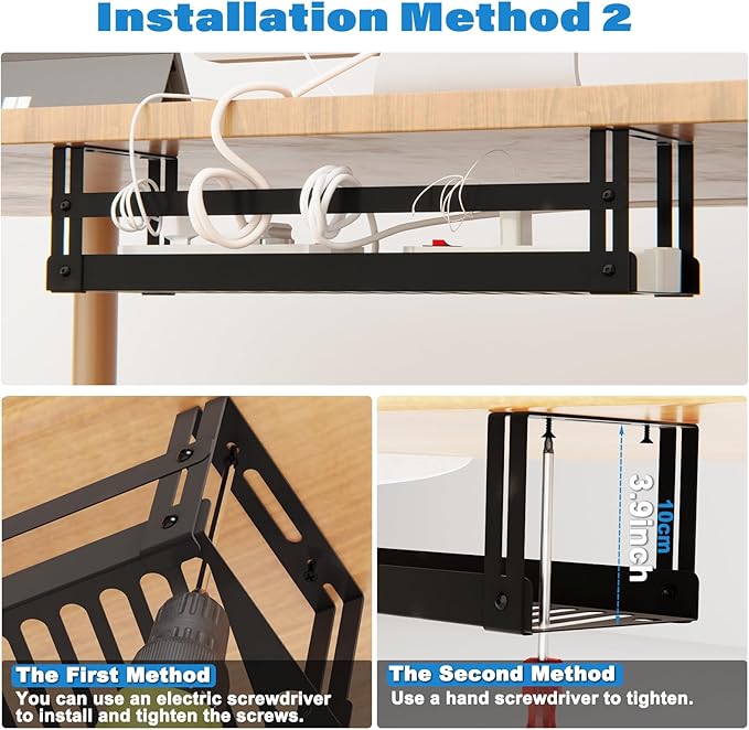 Under Desk Cable Management Tray, 17 in Metal Cable Tray Basket for Wire Management, Power Strip Holder, Cord Organizer, Wire Tamer for Home/Office Desk Cable Hider Black, 2 Pack