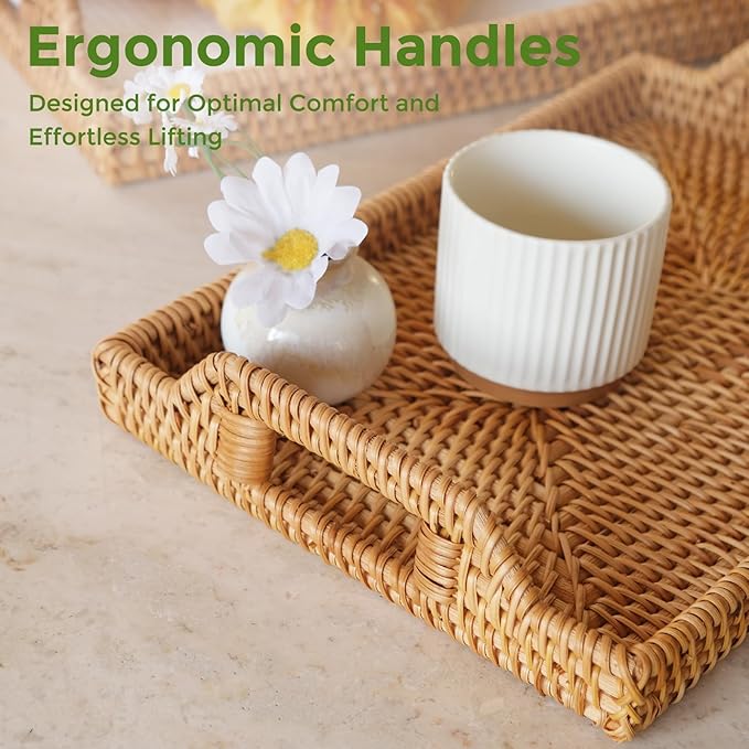 Wicker Tray Rectangle with Handles, Handmade Rattan Natural Woven Tray, Rattan Serving Wicker Trays for Decor Storage, Coffee Table Basket Trays for Breakfast Bread Fruit Snack