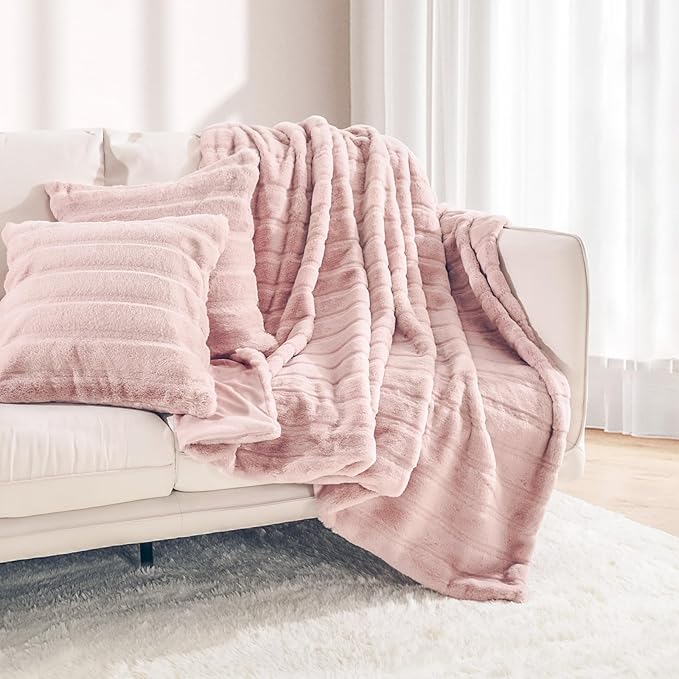 NEXHOME PRO Faux Fur Plush Throw Blanket Set with 2 Matching Square Pillow Covers, Luxurious & Fuzzy Soft Throw Blankets for Sofa,Chair, Couch, Living Room, Home Office 60"x80", Pink, 3PCS