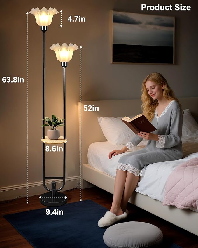 Lightdot Dimmable Flower Floor Lamp for Living Room, Modern Mid Century Floor Lamp with Table, Black Tall Standing Lamp for Bedroom & Home Decor