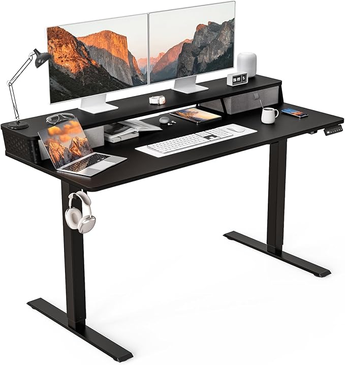 55 x 24 Inch Standing Desk with 2 Drawers, Easily Assembled Height Adjustable Desk, Ergonomic Sit to Stand Electric Desk for Home Office Workstation, Classic Black