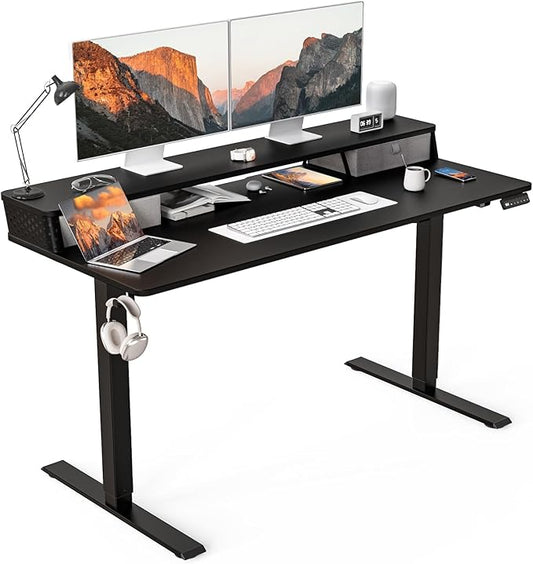 55 x 24 Inch Standing Desk with 2 Drawers, Easily Assembled Height Adjustable Desk, Ergonomic Sit to Stand Electric Desk for Home Office Workstation, Classic Black