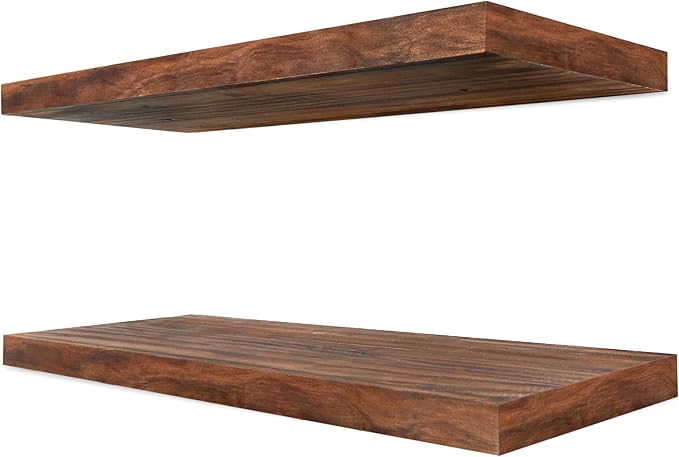 Sorbus Wood Floating Shelves for Wall - 24” Solid Wood Wall Shelves for Bathroom Decor, Books, Bedroom & Living Room - Set of 2 Walnut Wall Mounted Kitchen Shelves - Durable Solid Pine