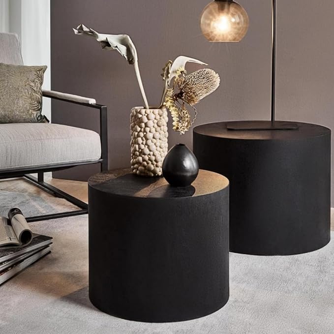 Nesting Coffee Table Set of 2, Wood Round Coffee Table, Modern Coffee Table for Small Space Living Room, Black