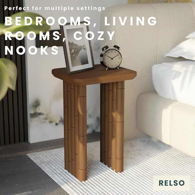 Bambos End Table - Solid Mango Wood Side Table with Bamboo-Inspired Legs | Handcrafted Accent Table for Living Room, Bedroom, Entryway | Easy Assembly, Sturdy, Compact & Durable Design | Walnut Finish