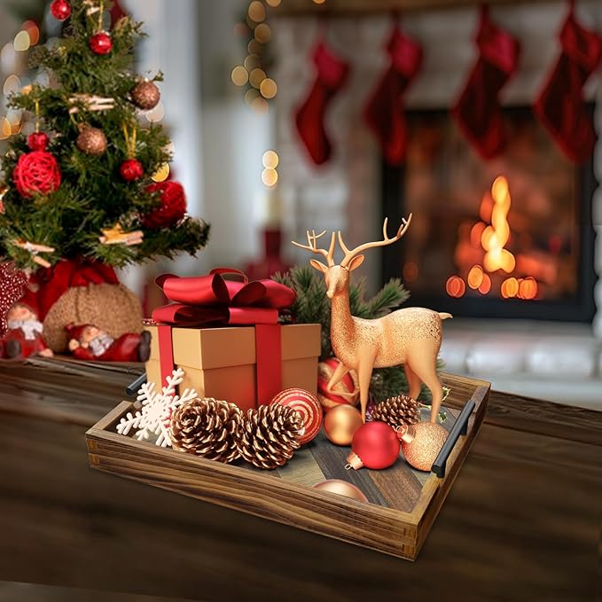 Butizone Wood Serving Tray with Handles, Rustic Ottoman Tray for Breakfast in Bed, Coffee Table, Entertaining, Home Decor, Decorative Nesting Trays, Ideal for Kitchen, Bedroom, Living Room, Set of 3