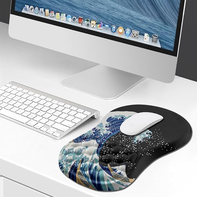 Hokafenle Ergonomic Mouse Pad Wrist Support, Wrist Rest Mousepad for Carpal Tunnel Pain Relief with Integrated Memory Foam Slope Massage Bulge (11.8x7.9 inch,Sea Wave