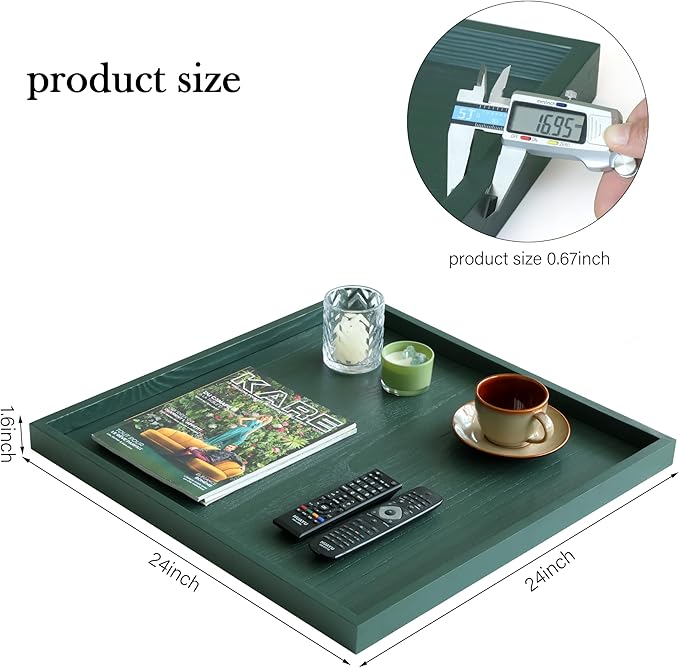 Square Ottoman Table Tray 24" - Rustic Wooden Serving Tray for Farmhouse Decorative Oversized Coffee Table Trays Living Room Kitchen Counter Breakfast Green