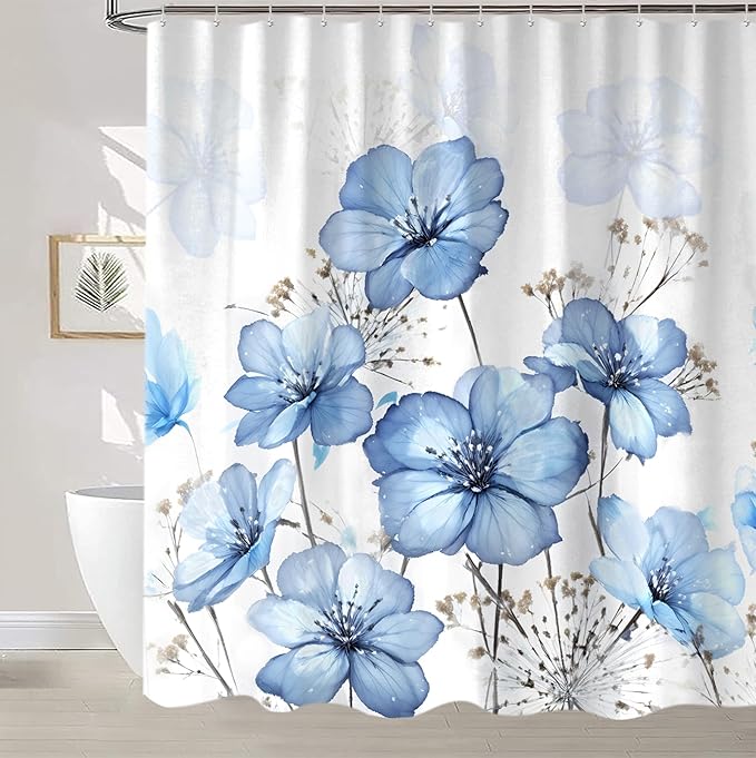 Sanzugh Boho Blue Flower Shower Curtain, Light Blue Watercolor Floral White Art Fabric Shower Curtains Set for Bathroom Decorative with Hooks 72 X 72 inch Beautiful Bath Decor