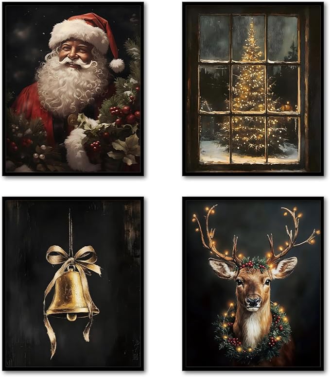 TFKFJLF Vintage Christmas Santa Wall Art Poster Decor, Aesthetic Christmas Tree Wall Decor, Xmas Holidays Decorations for Bathroom Bedroom Living Room Office, Unframed 8x10in Set of 4