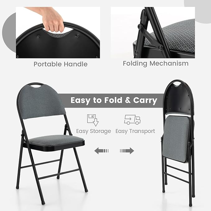 POWERSTONE Folding Chairs 4 Pack, Foldable Chair Set with Padded, Handle Hole and Metal Frame Dining Chair Set for Indoor and Outdoor, School, Office and Garden Party (Grey)
