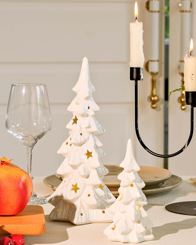 DN DECONATION White Ceramic Christmas Trees that Light Up, 2Pcs Porcelain Christmas Tree with Lights, Stars and Dots Cutout Prelit Tabletop Xmas Tree Figurines for Mantle Neutral Christmas Decor, Gift