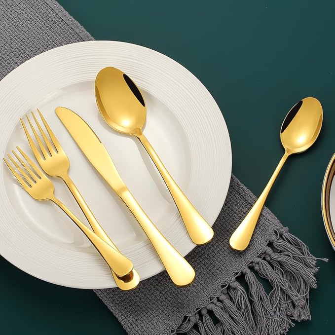 Gold Silverware Set for 12, Compralo 60 Pieces Stainless Steel Shiny Gold Flatware Set, Cutlery Tableware Set Include Spoons, Forks, Knives for Home and Restaurant
