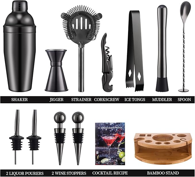 Bartender Kit with Bamboo Stand, 12 Piece 25oz Cocktail Shaker Set with All Essential Bar Tools Set for Drink Mixing, Ideal Gifts for Cocktail Lovers, Home Bar Bartending Kit with Cocktail Recipes