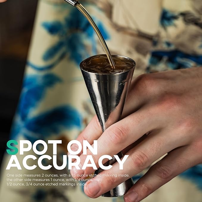 Homestia Jigger for Bartending with 1 Pourer, Stainless Steel Double Jigger Premium Japanese Style Slim Measuring 1 oz 2oz Jigger with Measurements Inside Cocktail Bar Tools for Bartender