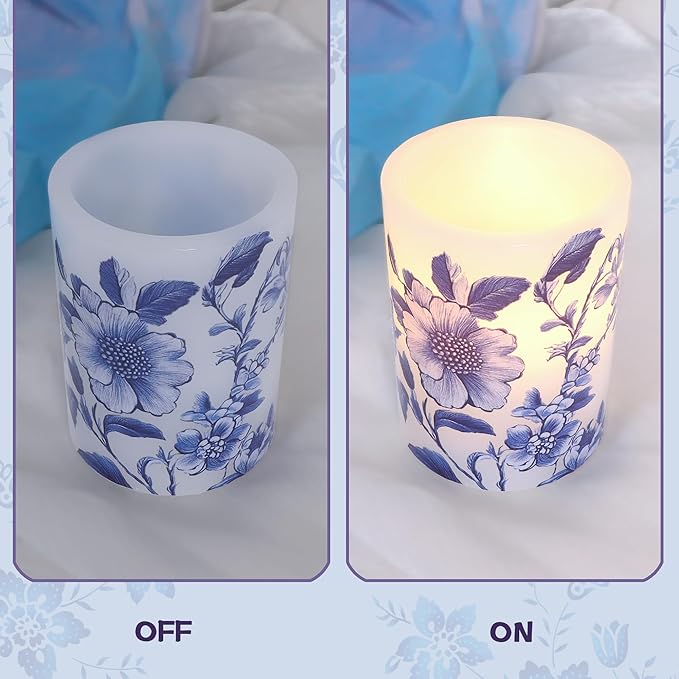 Flameless Candles Blue and White Porcelain Floral Chinoiserie Decor Battery Operated with Remote Real Wax Dripless Candle Vintage Decorative for Christmas Gift Wedding Home Party Decor