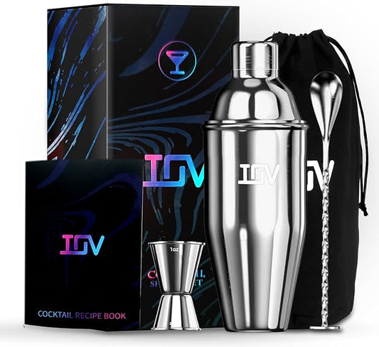 IOV Cocktail Shaker Bar Set, 24oz Martini Shaker with Built-in Strainer, Bar Tool Kit with Recipes Booklet, Professional Stainless Steel Large Bartender Drink Shaker Margarita Alcohol Mixer- Silver