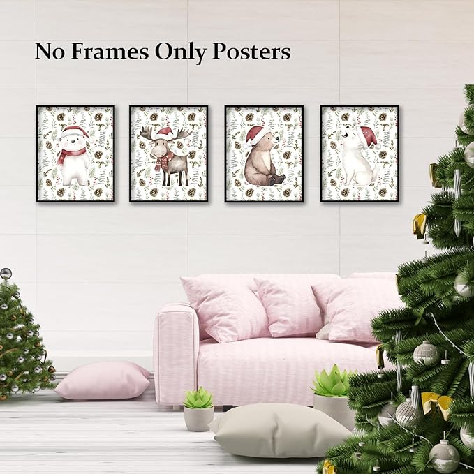 TFKFJLF Cute Christmas Animal Wall Art Poster Decor for Kids, Christmas Bear Painting Pictures Wall Decor, Winter Holidays Decorations for Nursery Bedroom Living Room, Unframed 8x10in Set of 4