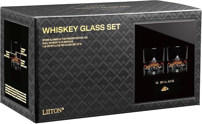 LIITON K2 Nepalese Heavy Crystal Whiskey Glasses Gift Set of 2, Thick Freezable Bourbon Glass 1lb Each, Premium Whiskey Gifts for Men, Frozen Crystal Chills Cocktails, 10 oz