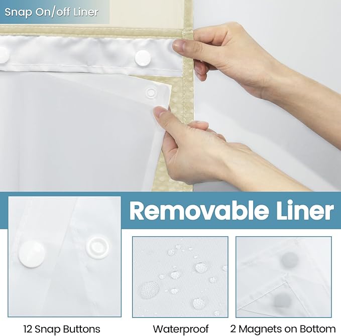 Ivory Hotel Shower Curtain with Detachable Liner - 230GSM Waffle Textured,Hotel Grade,Spa Like Bath Curtain,71W x 74H