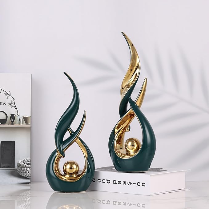 2 PCS Green Gold Ceramic Statues For Home Decor Accents, Modern Abstract Art Sculptures, Elegant Tabletop Decorative Objects For Dining Room, Entryway, Tv Stand, Mantel, Coffee Table Centerpieces