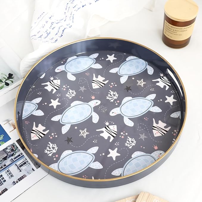 Spsyrine Decorative Serving Tray with Handles, Lacquered Coffee Table Tray for Ottoman, Round Waterproof Platters for Centerpieces, Parties, Living Room, Kitchen Counter Organization Turtle
