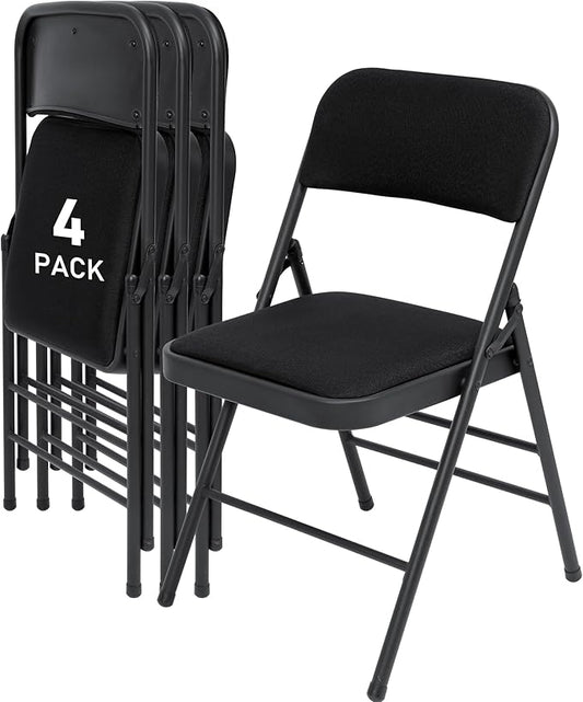 SEALAMB 4 Pack Fabric Folding Chairs with Padded Seats & Cushion, Metal Foldable Chairs for Wedding Party, Commercial Chairs for Office School Church Events, 350lb Capacity (Black-Fabric, 4 Pack)