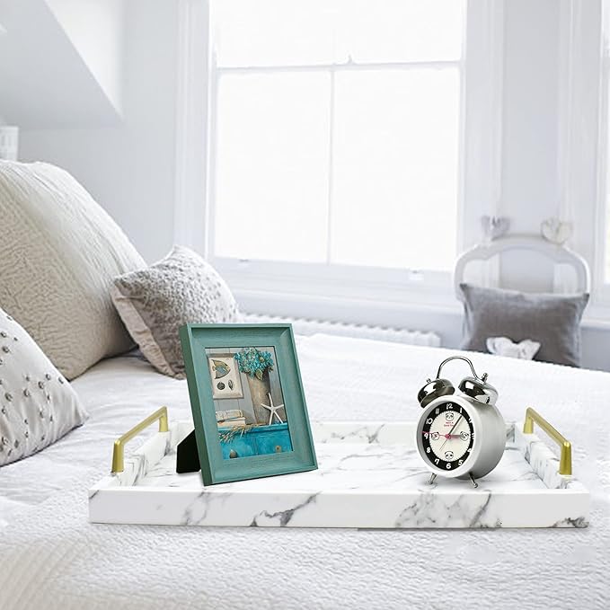 MCBZ Home Living Decor Tray, Coffee Table Tray,Ottoman Tray,Marbled Leather Tray, Serving Trays with Handles 16.5 * 12.6 Inch (White)